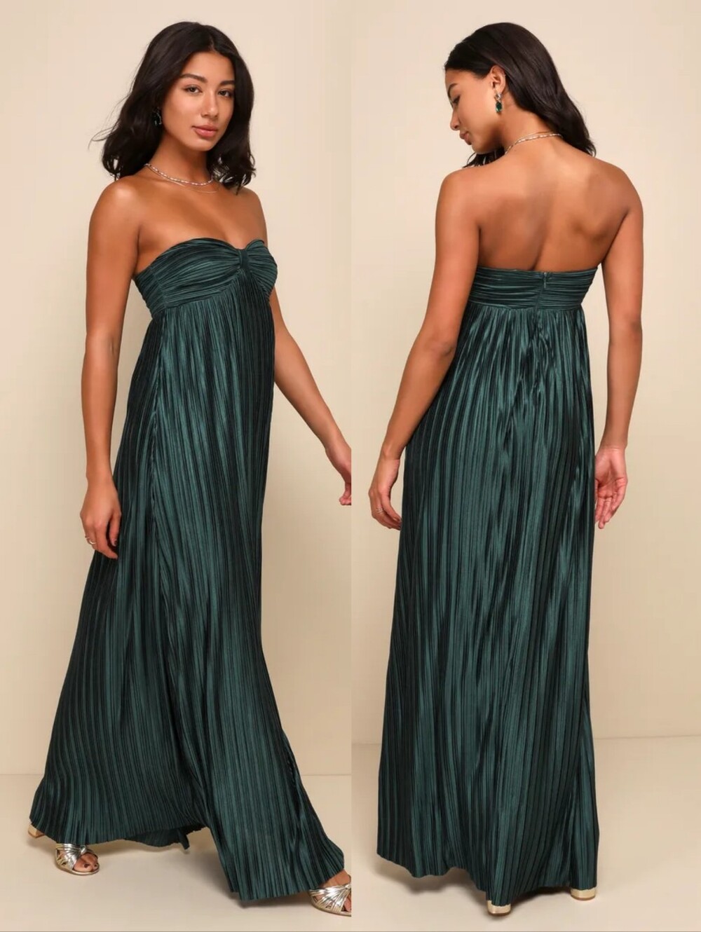 Lulus Whimsical Beauty Emerald Green Satin Plisse Strapless Maxi Dress Small